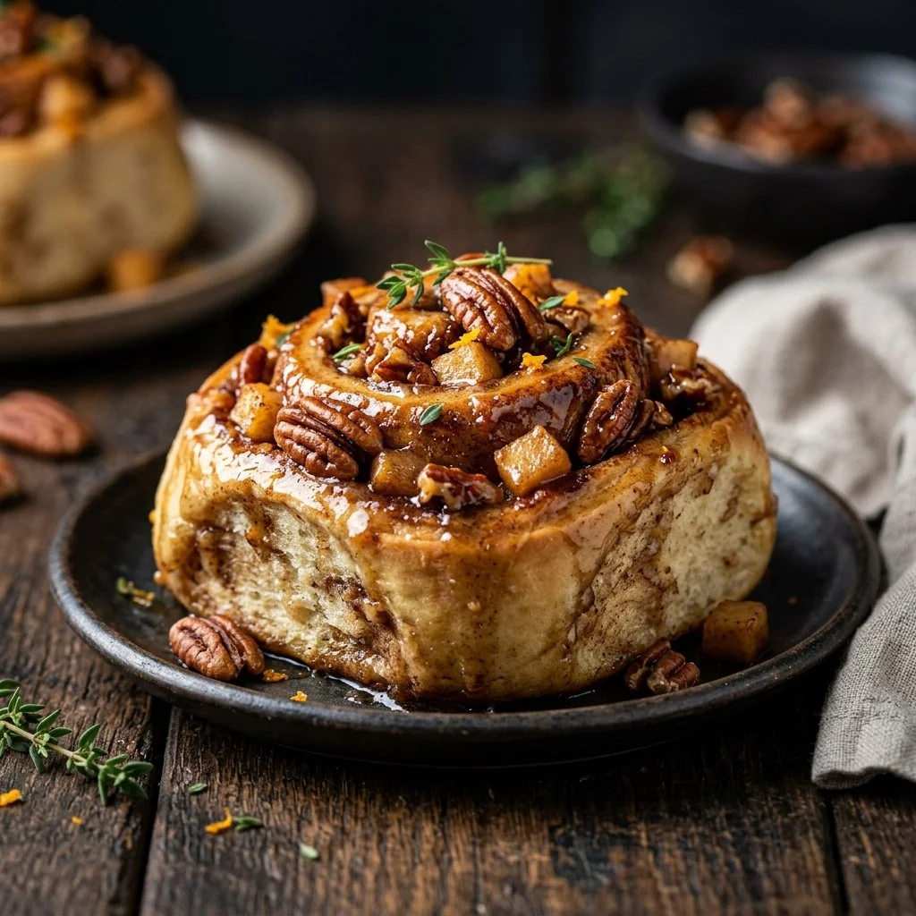 Homemade apple pecan cinnamon rolls drizzled with icing