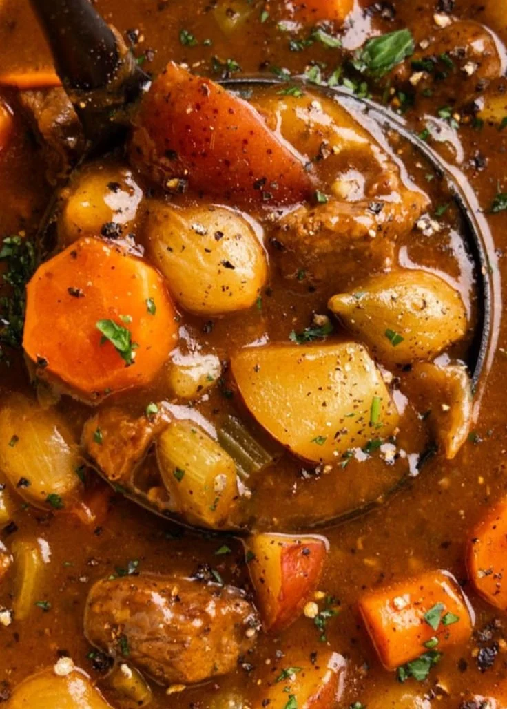 Delicious bowl of homemade beef stew with vegetables and herbs