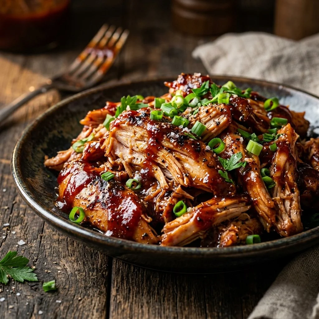 Delicious crockpot BBQ chicken served on a plate with sides