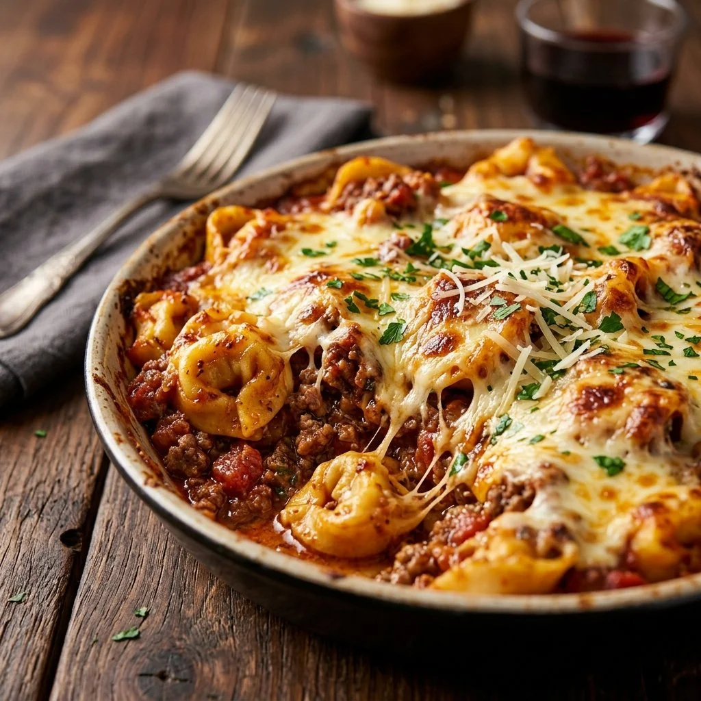 Cheesy baked tortellini casserole with meat sauce in a baking dish