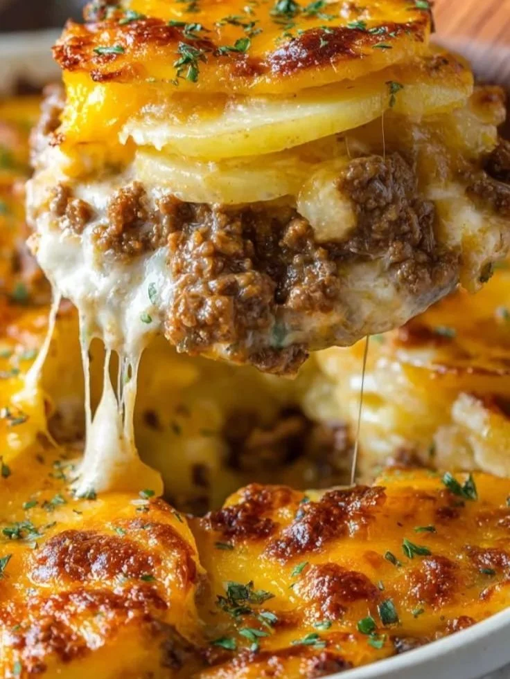 Cheesy hamburger potato casserole topped with melted cheese and herbs