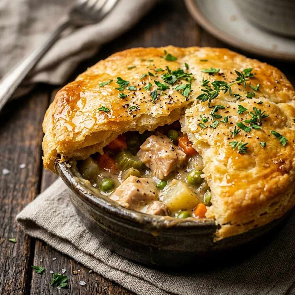 Homemade Chicken Pot Pie with Biscuits, golden crust, and hearty filling.