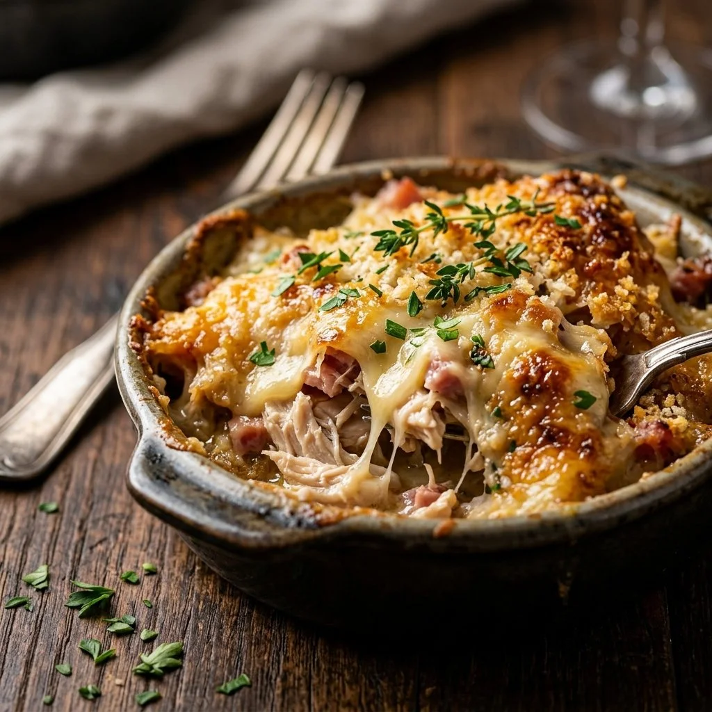 Delicious Cordon Bleu Chicken Casserole topped with cheese and ham