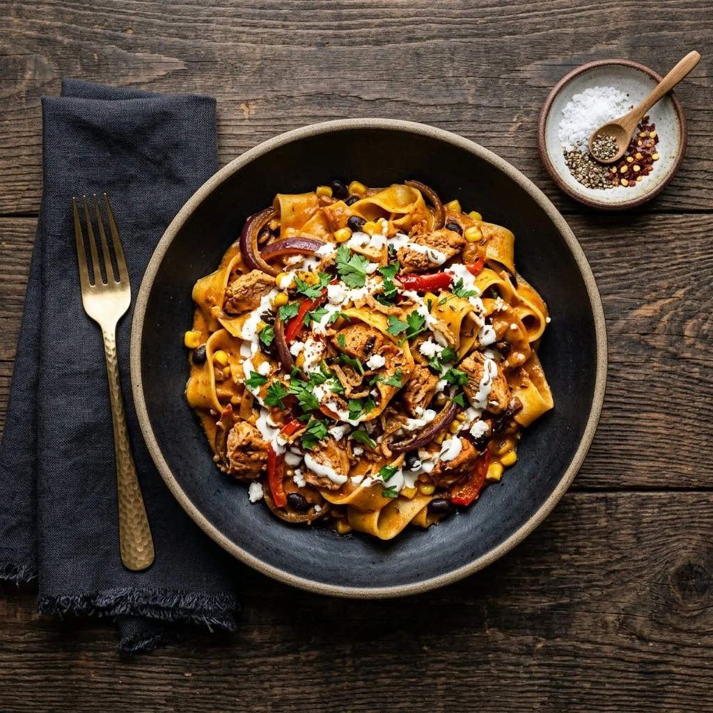 Cowboy-Style Butter Chicken Pasta served in a bowl