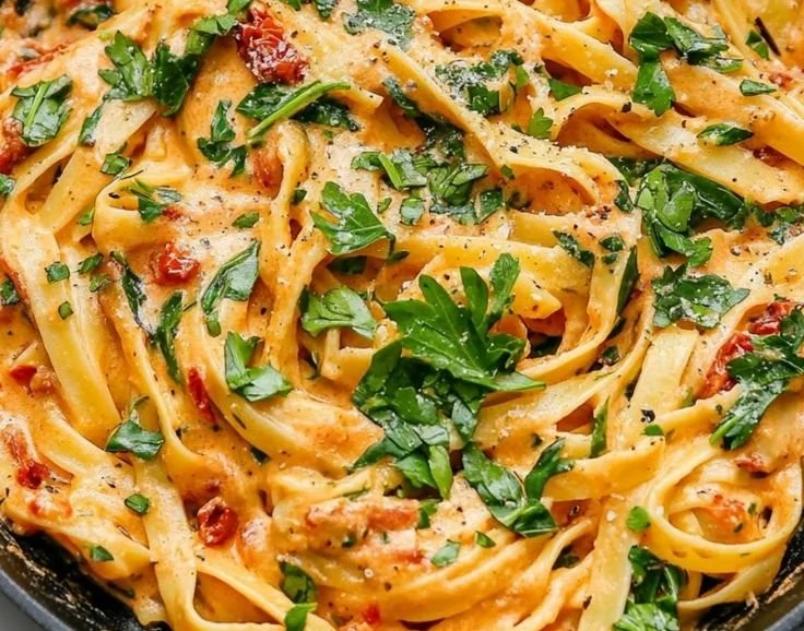 Creamy vegan pasta with sun-dried tomatoes served in a bowl