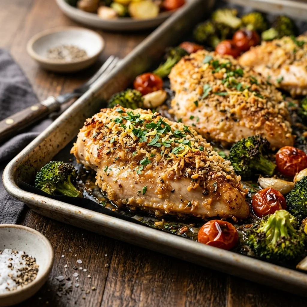 Crispy Parmesan Chicken Sheet Pan Dinner with vegetables and herbs