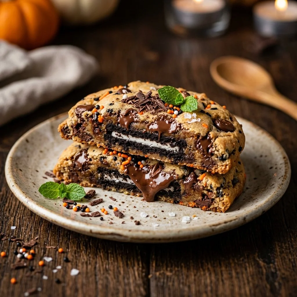 Halloween Oreo-stuffed chocolate chip cookies fresh out of the oven
