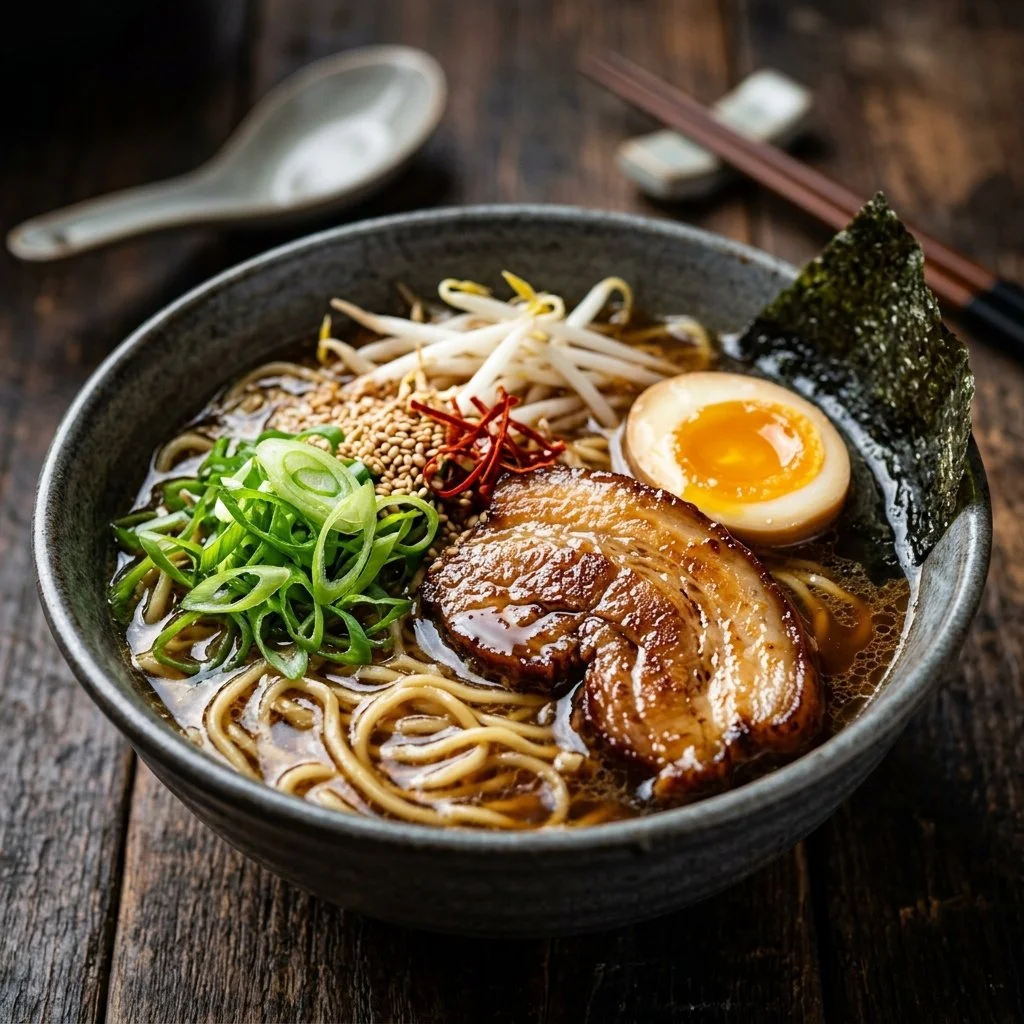 Delicious bowl of homemade ramen with fresh ingredients and broth