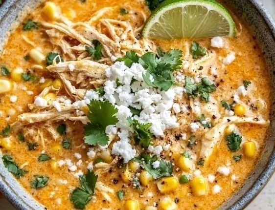 Bowl of Mexican street corn soup topped with cilantro and cheese.