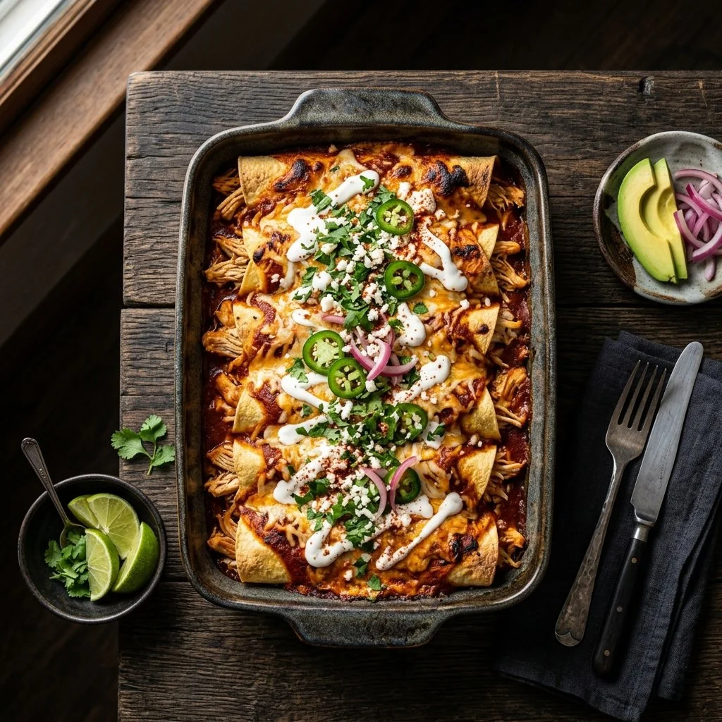 Delicious one-pan enchiladas served with toppings and fresh ingredients