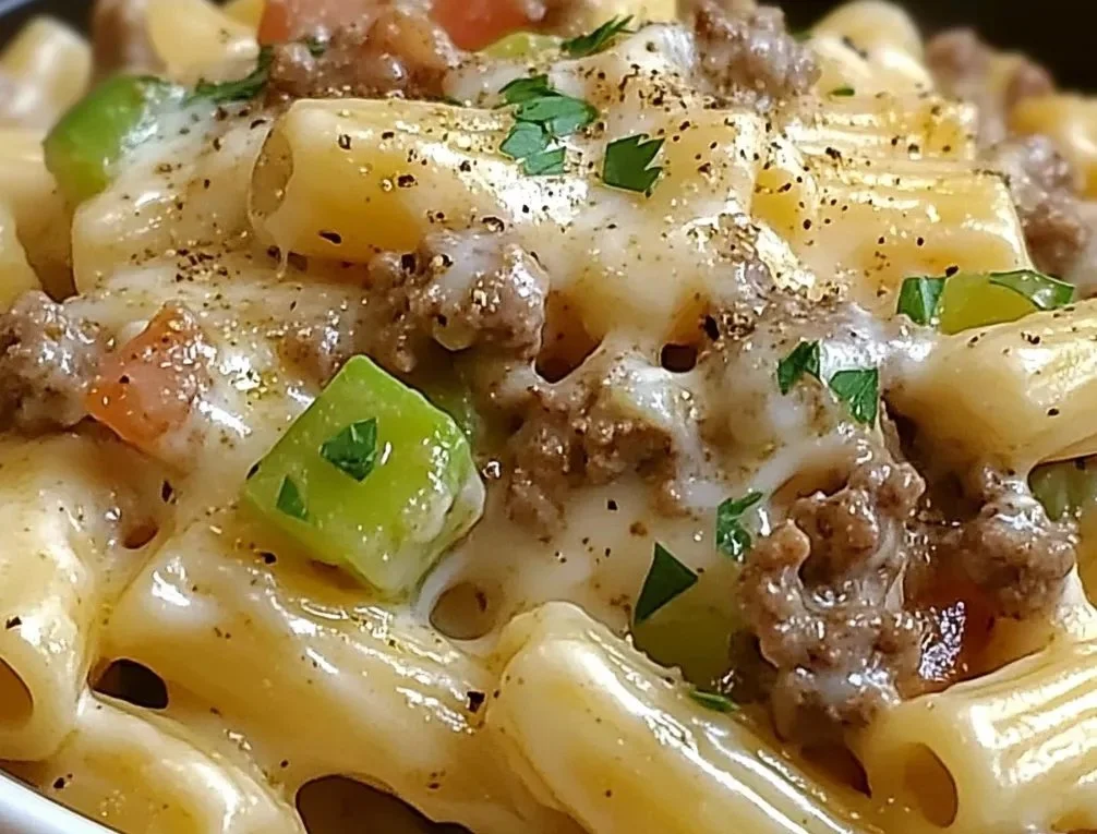 Philly Cheesesteak Pasta recipe featuring delicious ingredients and flavors.