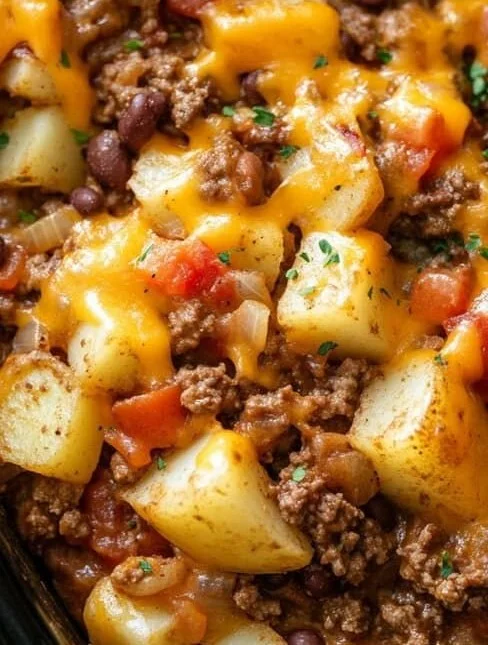Delicious slow cooker cowboy casserole topped with cheese and spices.