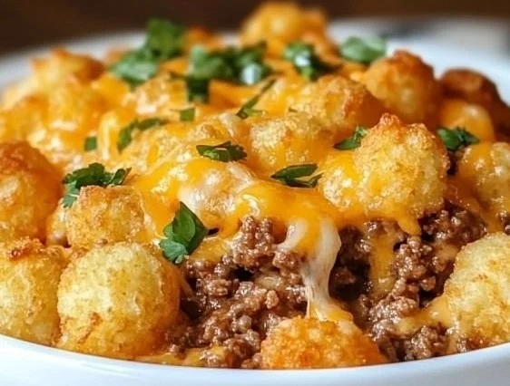 Delicious Tater Tot Casserole served in a baking dish with crispy edges