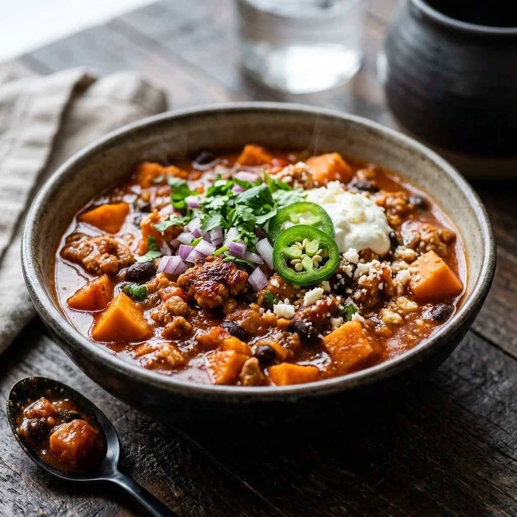 Delicious Turkey Chili with Sweet Potatoes served in a bowl