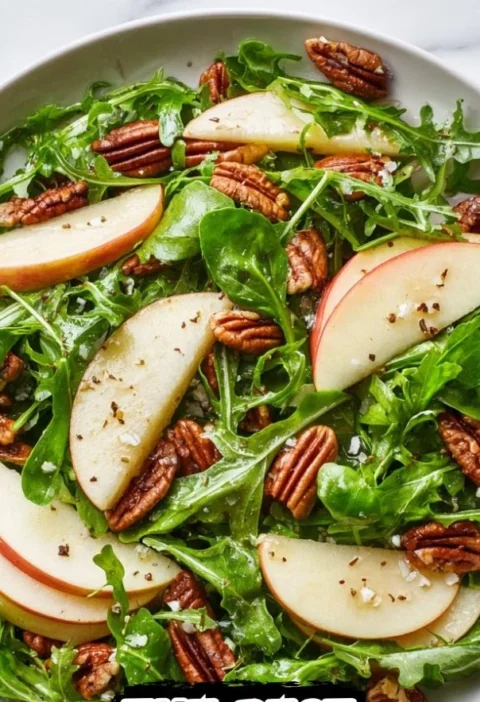 Delicious Apple Arugula Salad topped with Maple Pecans in a bowl.