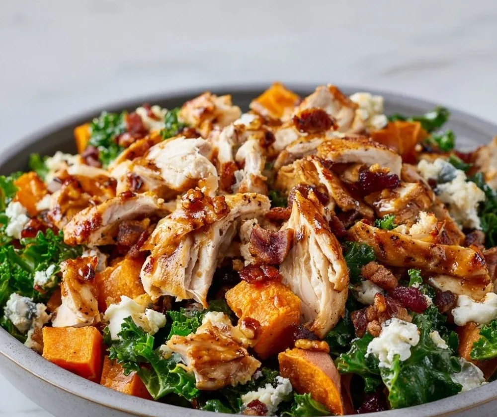 BBQ chicken sweet potato meal prep bowl with fresh ingredients