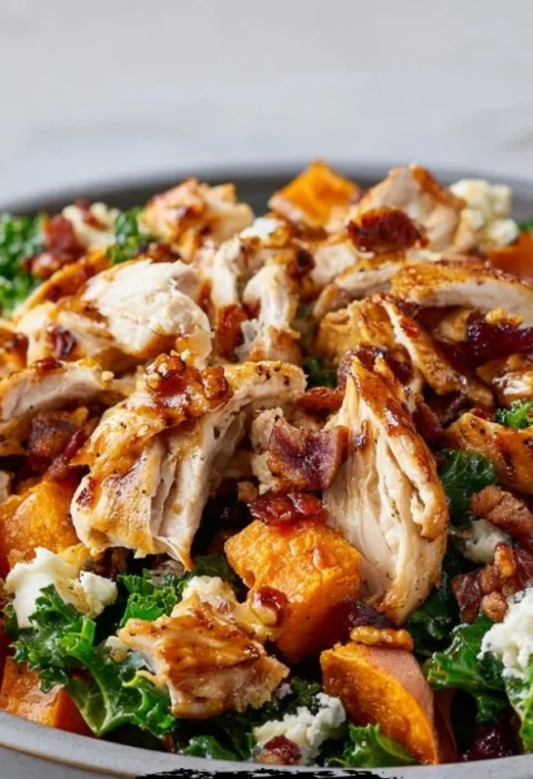 BBQ chicken sweet potato meal prep bowl with fresh ingredients