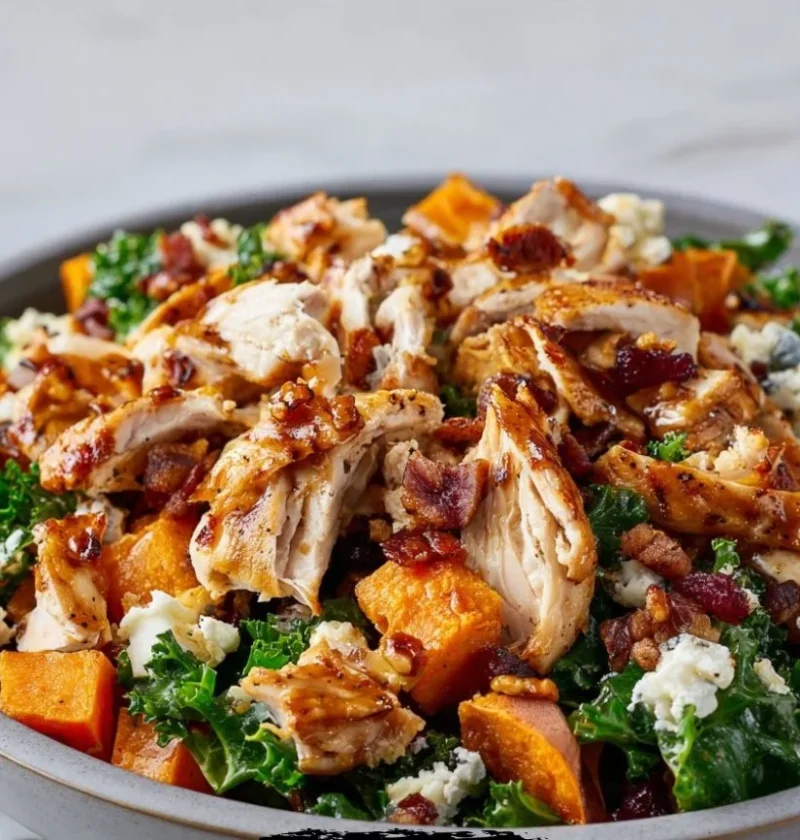 BBQ chicken sweet potato meal prep bowl with fresh ingredients