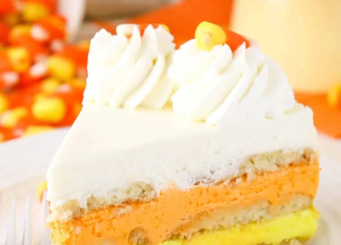 Delicious Candy Corn Icebox Cake served on a festive plate