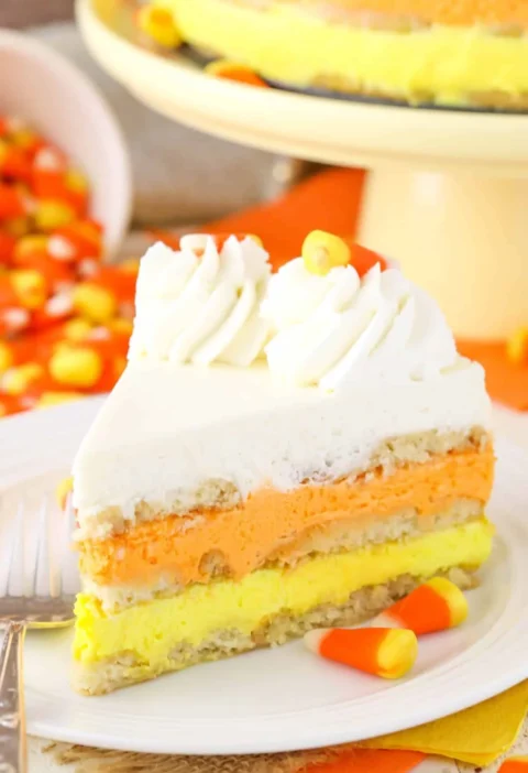 Delicious Candy Corn Icebox Cake served on a festive plate
