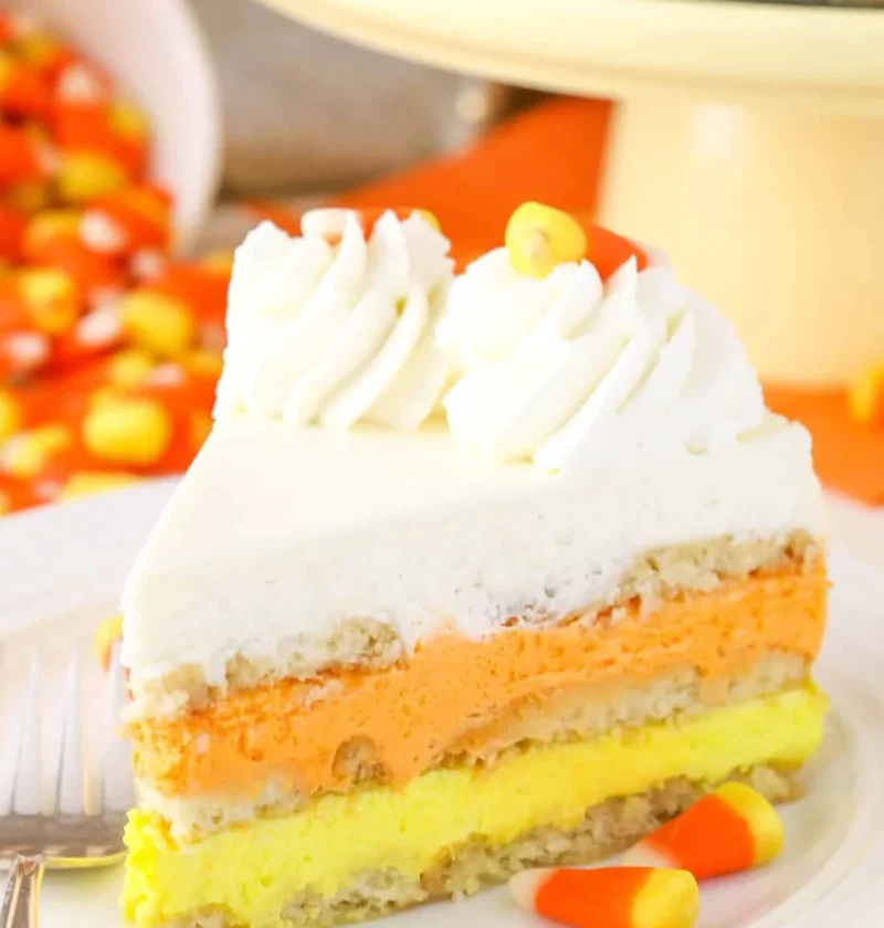 Delicious Candy Corn Icebox Cake served on a festive plate