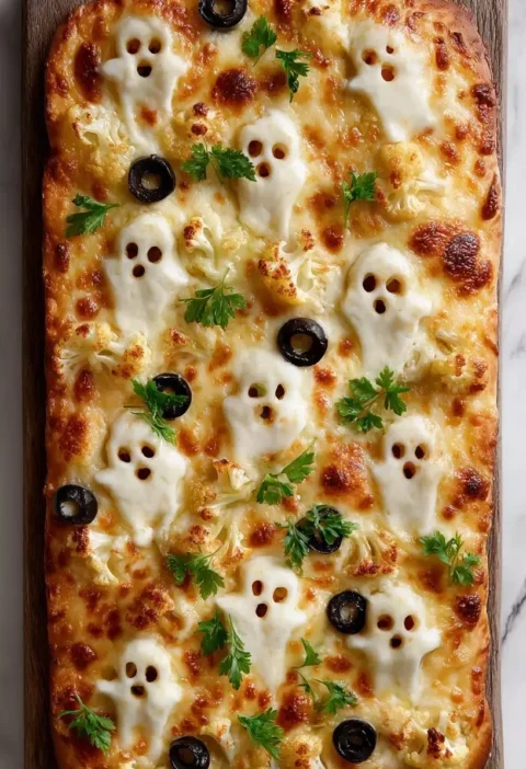 Spooky Cemetery Flatbread Pizza served on a haunted dinner table.