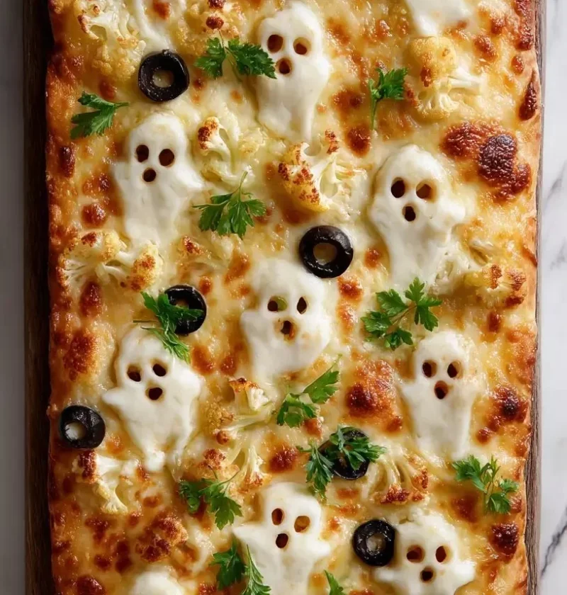 Spooky Cemetery Flatbread Pizza served on a haunted dinner table.