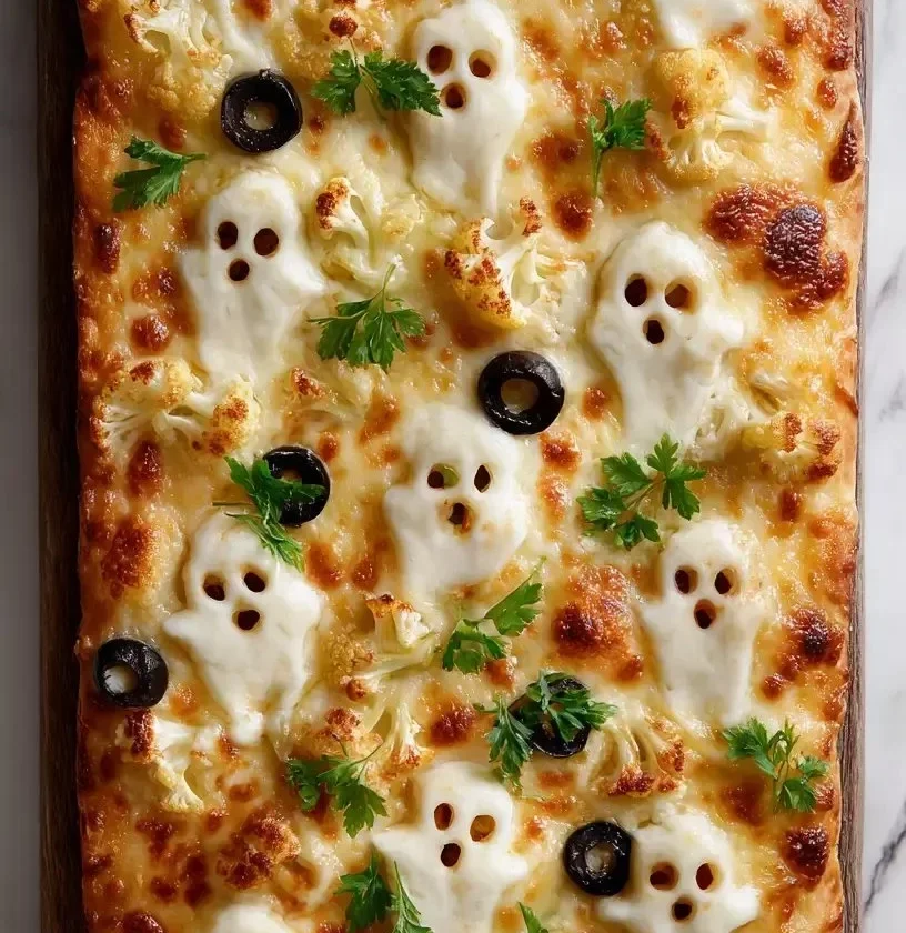 Spooky Cemetery Flatbread Pizza served on a haunted dinner table.
