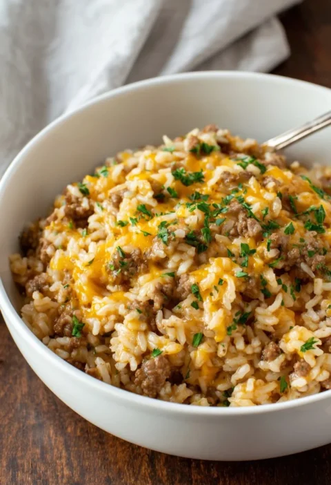 Cheesy ground beef and rice bake served in a casserole dish