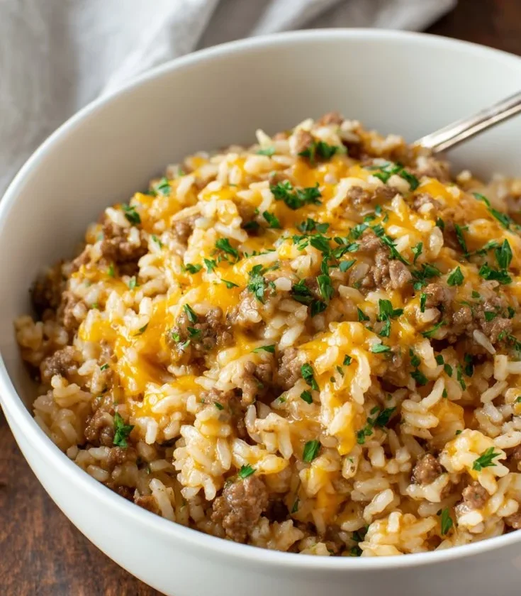 Cheesy ground beef and rice bake served in a casserole dish