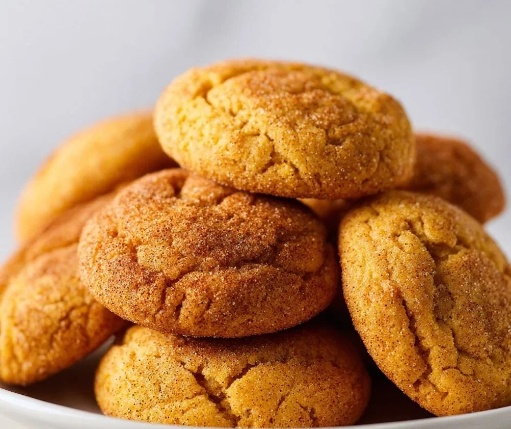 Chewy pumpkin snickerdoodle cookies on a baking tray, ideal for autumn treats.