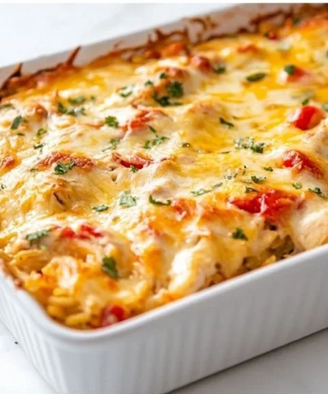 Delicious Chicken Fajita Casserole topped with cheese and colorful peppers
