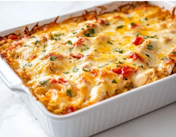 Delicious Chicken Fajita Casserole topped with cheese and colorful peppers