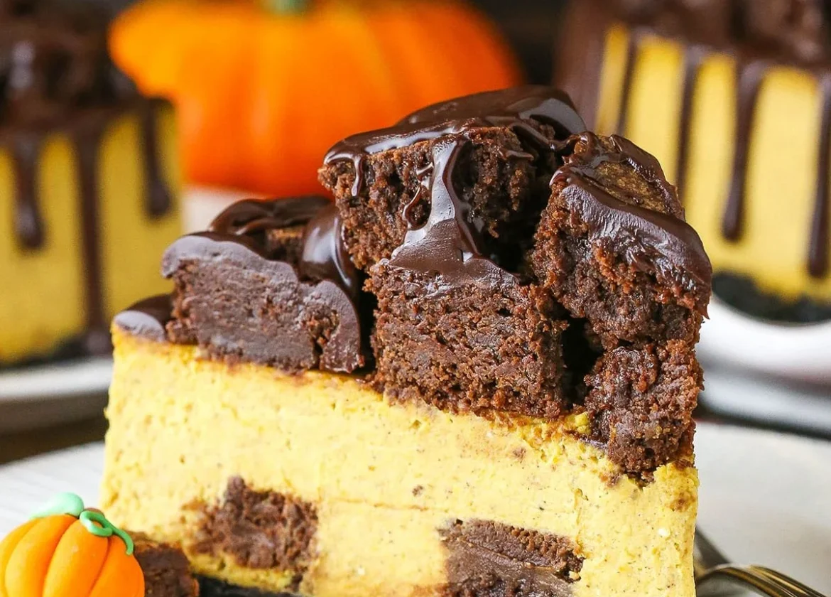 Decadent chocolate pumpkin cheesecake slice on a plate