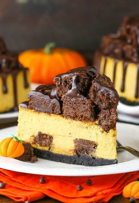 Decadent chocolate pumpkin cheesecake slice on a plate