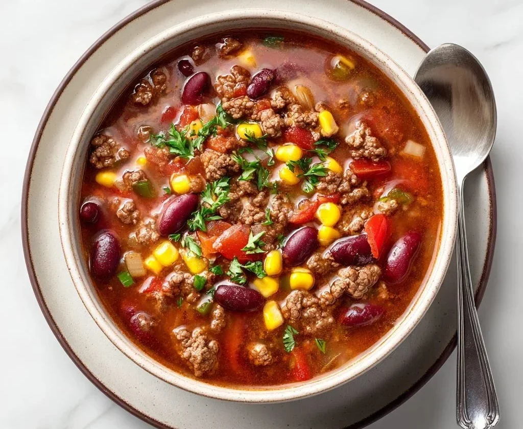 Delicious bowl of Cowboy Soup with beans and vegetables