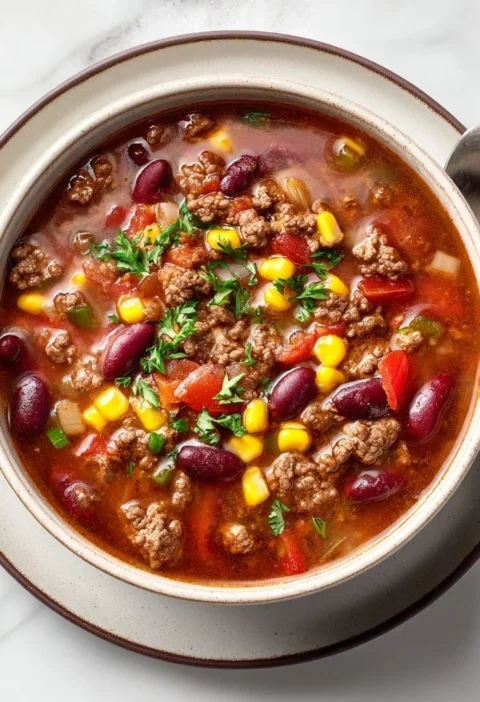 Delicious bowl of Cowboy Soup with beans and vegetables