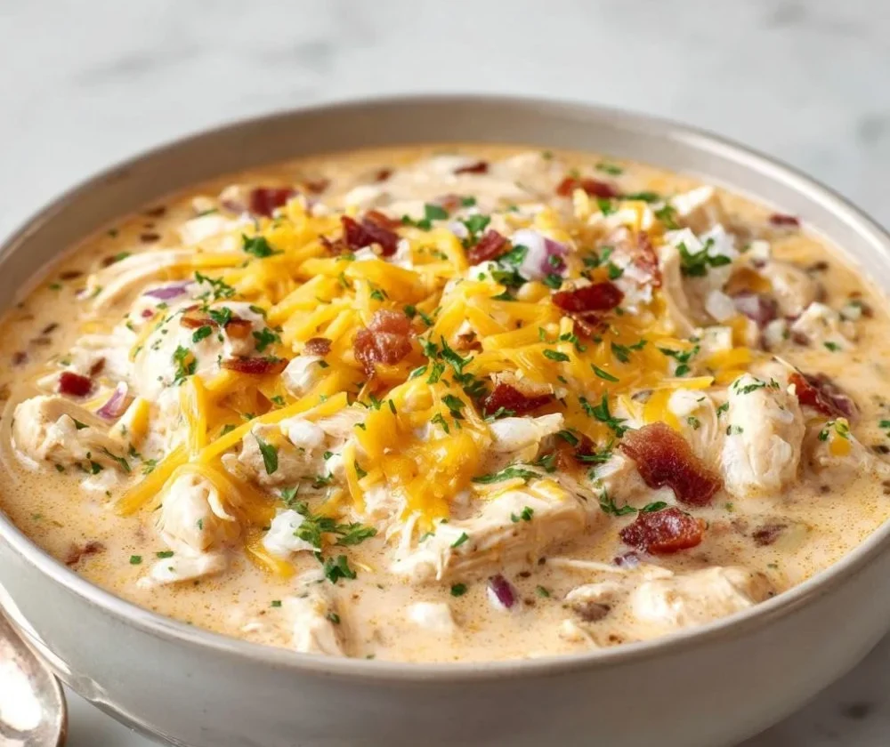 Cream cheese chicken chili in a crock pot, perfect for family dinners