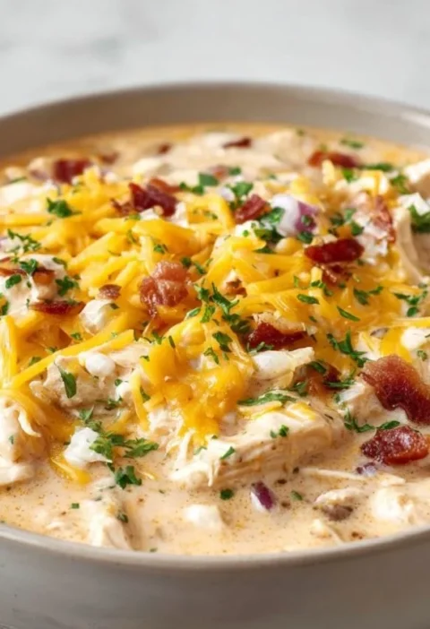 Cream cheese chicken chili in a crock pot, perfect for family dinners