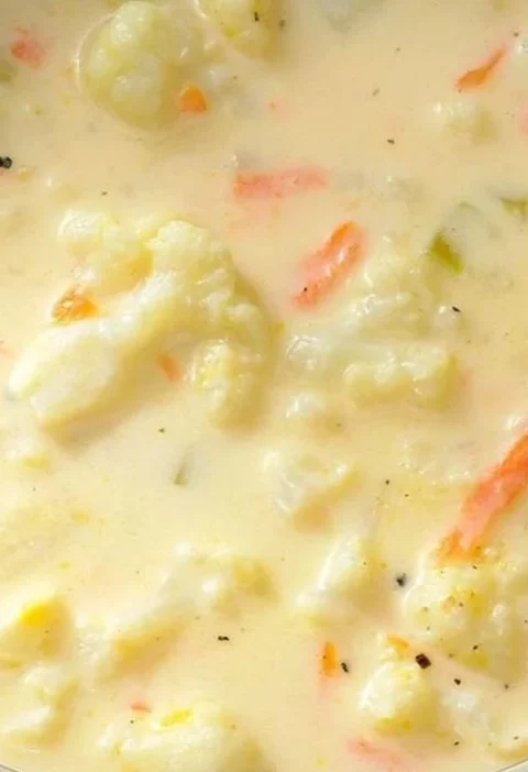 Bowl of creamy cheesy cauliflower soup garnished with herbs and cheese