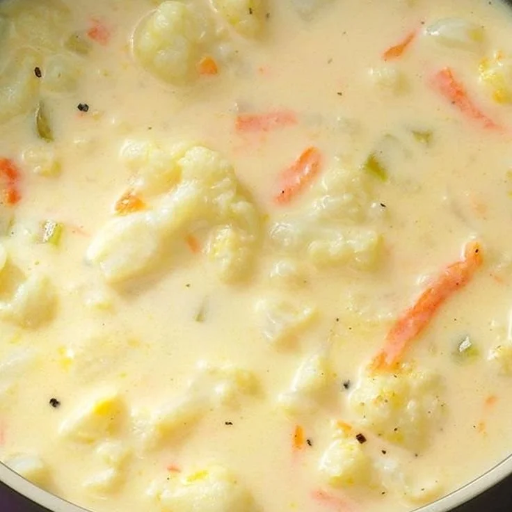 Bowl of creamy cheesy cauliflower soup garnished with herbs and cheese