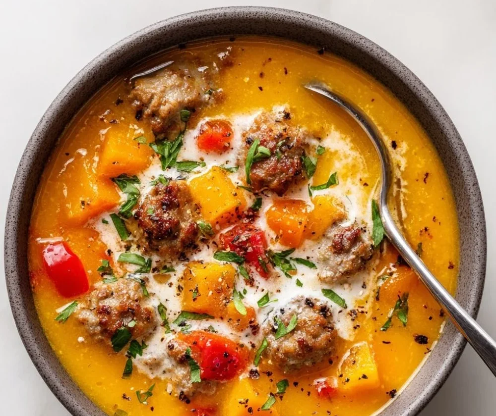 Bowl of creamy Italian sausage and butternut squash soup garnished with herbs