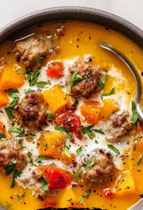 Bowl of creamy Italian sausage and butternut squash soup garnished with herbs