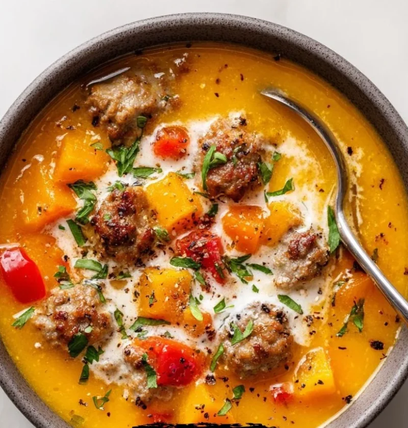 Bowl of creamy Italian sausage and butternut squash soup garnished with herbs