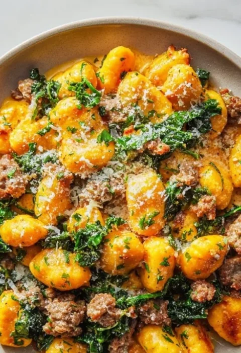 Creamy pumpkin gnocchi with sausage served in a bowl, garnished with herbs.
