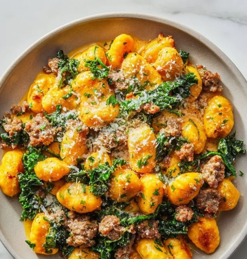 Creamy pumpkin gnocchi with sausage served in a bowl, garnished with herbs.