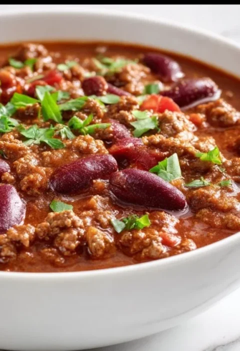 Delicious Crockpot Chili with Ground Beef and Beans in a rustic bowl