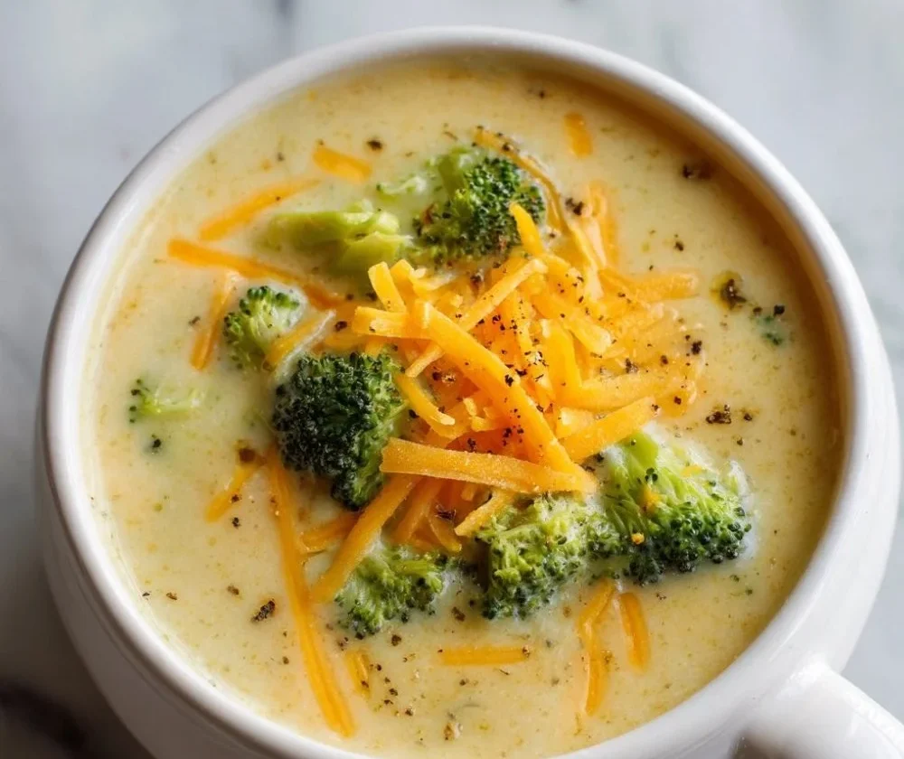 Crockpot potato broccoli cheddar soup with creamy cheese sauce in a bowl.