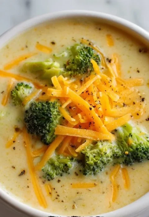 Crockpot potato broccoli cheddar soup with creamy cheese sauce in a bowl.