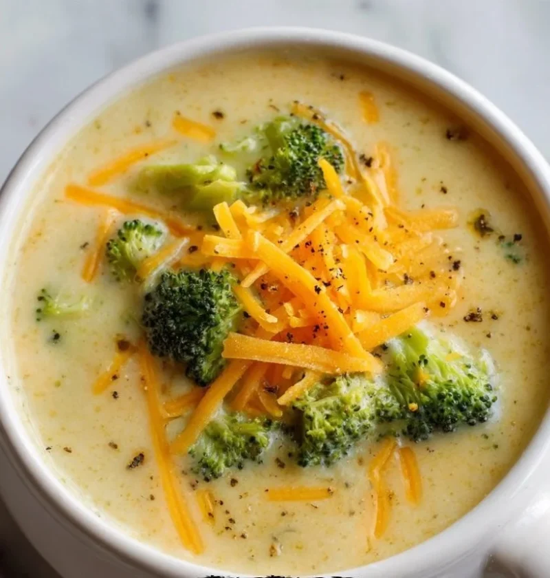 Crockpot potato broccoli cheddar soup with creamy cheese sauce in a bowl.